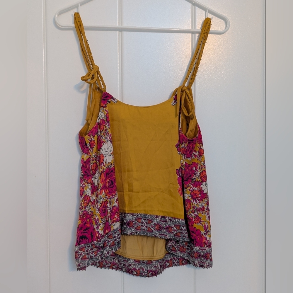 Free People Move Lightly Double Tie Spaghetti Strap Yellow Pink Floral Tank Top - Picture 2 of 4